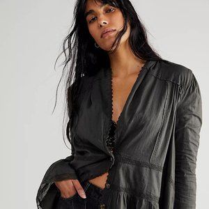 Free People Selma Tiered Bed Jacket Lace Trim Tiered Ruffle Black Small New